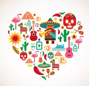 Mexico love - heart with set of vector illustrations